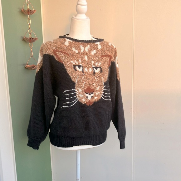 Vintage 80s Funky Novelty Big Cat Face Pullover Sweater - Picture 1 of 6